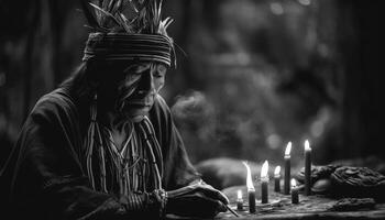 uma solitário figura medita, luz de velas pisca, procurando espiritual tranquilidade gerado de ai foto