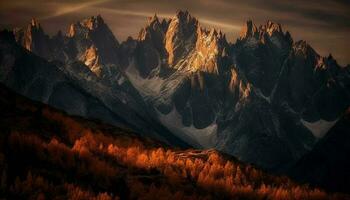 majestoso montanha alcance às crepúsculo, uma tranquilo silhueta dentro natureza gerado de ai foto