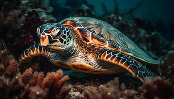 ameaçadas de extinção bico de pente tartaruga nada dentro multi colori coral recife, pacífico ilhas gerado de ai foto