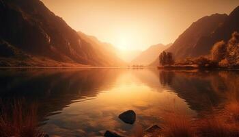 majestoso montanha alcance reflete tranquilo pôr do sol, uma natureza beleza gerado de ai foto