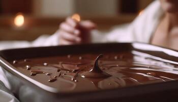 1 pessoa se entrega dentro gourmet francês sobremesa, derramando chocolate molho gerado de ai foto