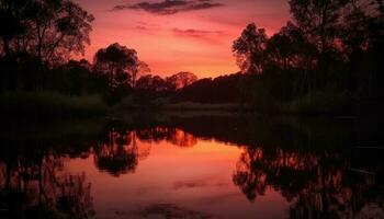 tranquilo cena às crepúsculo laranja e roxa céu reflete em lagoa gerado de ai foto