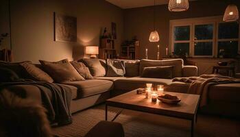 moderno luxo quarto com confortável sofá, elegante decoração, e iluminação gerado de ai foto