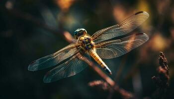 a libélula vibrante asas cintilar dentro a verão luz solar gerado de ai foto