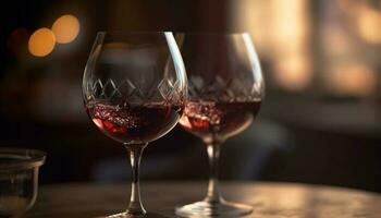 luxo vinho garrafa derramando vermelho líquido para dentro copo de vinho às celebração gerado de ai foto