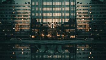 a moderno cidade Horizonte reflete dentro a Sombrio água abaixo gerado de ai foto