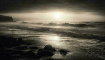 a tranquilo cena do a litoral às crepúsculo, ondas quebra gerado de ai foto