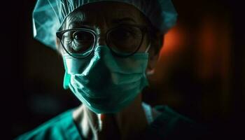 a cirurgião, uma cuidados de saúde especialista, desgasta protetora vestuário de trabalho e mascarar gerado de ai foto