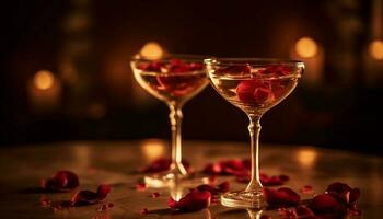 romântico celebração com vinho, champanhe, e brilhando luz de velas gerado de ai foto