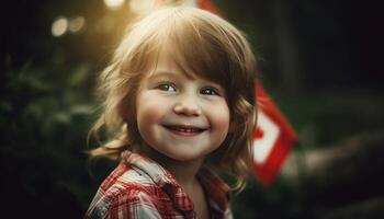 bonitinho, alegre menina sorridente dentro natureza, desfrutando infância Diversão ao ar livre gerado de ai foto