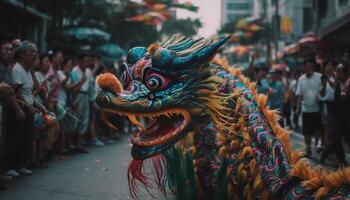 a Dragão parada dentro Chinatown é uma colorida celebração gerado de ai foto