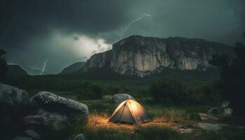 acampamento debaixo a estrelas, cercado de majestoso montanha picos e região selvagem gerado de ai foto