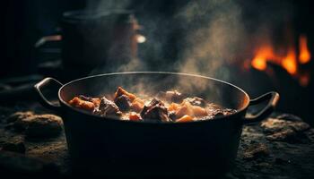 grelhado carne chia em quente carvão, uma rústico almoço ao ar livre gerado de ai foto