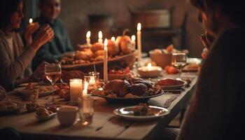 uma família celebração com caseiro Comida e luz de velas união gerado de ai foto