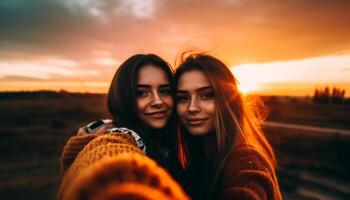 dois jovem mulheres abraçando, fotografando pôr do sol, despreocupado e feliz gerado de ai foto