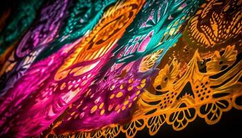 a vibrante cores do a tapeçaria iluminar a ornamentado padronizar gerado de ai foto
