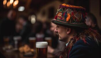 jovem adultos desfrutando tradicional festival, segurando cerveja, sorridente e sentado gerado de ai foto