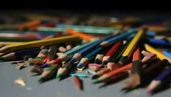 uma vibrante coleção do escola suprimentos lápis, papel, e pintura gerado de ai foto