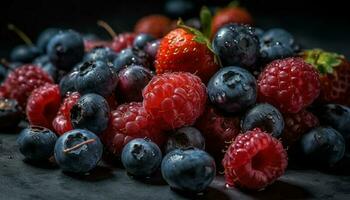 suculento baga fruta tigela, uma refrescante verão sobremesa com antioxidantes gerado de ai foto