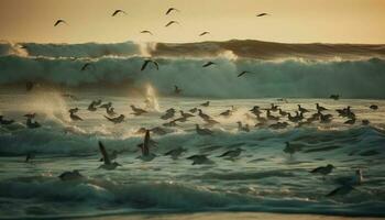 uma gaivota moscas meio ar sobre tranquilo marinha às crepúsculo gerado de ai foto