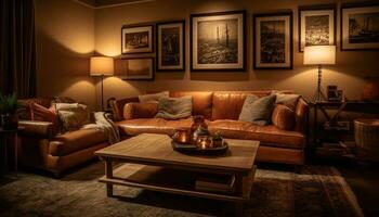 moderno luxo vivo quarto com confortável sofá e elegante decoração gerado de ai foto