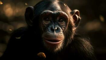 fechar acima retrato do fofa macaque encarando com seletivo foco gerado de ai foto