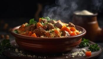 uma forte carne ensopado cozinhou com fresco legumes e especiarias gerado de ai foto