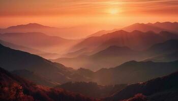 majestoso montanha alcance recortado contra laranja pôr do sol, uma tranquilo cena gerado de ai foto