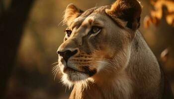 majestoso leoa caminhando através savana, alerta e encarando adiante gerado de ai foto