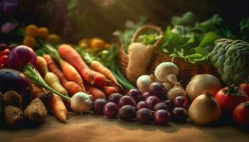 fresco outono colheita uma colorida cesta do orgânico legumes e fruta gerado de ai foto