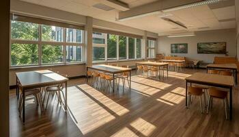 uma moderno cadeira em de madeira pavimentos dentro a esvaziar Sala de aula gerado de ai foto