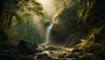 uma tranquilo cena do uma Sombrio floresta com borrado movimento gerado de ai foto