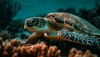 uma tranquilo embaixo da agua aventura com uma majestoso bico de pente tartaruga gerado de ai foto