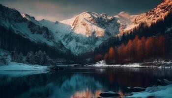 a majestoso montanha pico reflete dentro tranquilo água, natural beleza gerado de ai foto