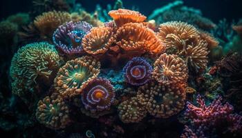 colorida palhaço peixe nadar entre vibrante coral dentro embaixo da agua paraíso gerado de ai foto