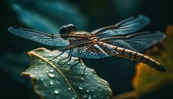 a delicado beleza do uma libélula multi colori asas acima fechar gerado de ai foto