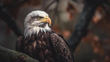 a majestoso Careca Águia poleiros em uma filial, Caçando presa gerado de ai foto