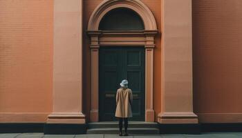 1 elegante mulher caminhando sozinho, admirando arquitetura e cidade vida gerado de ai foto