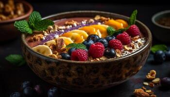 uma gourmet parfait com fresco bagas, granola, e querida gerado de ai foto