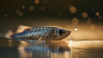 a brilhante peixe olho reflete a tranquilo pôr do sol natural beleza gerado de ai foto