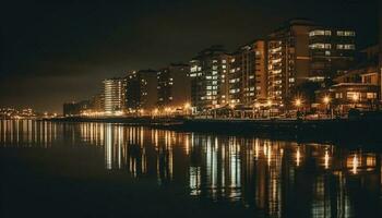 a cidade Horizonte reflete em a água às crepúsculo gerado de ai foto