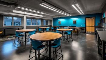 moderno Sala de aula com azul cadeiras e de madeira mesas para Aprendendo gerado de ai foto