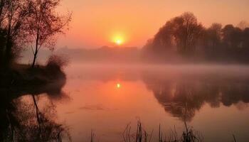 pôr do sol sobre a tranquilo lago, refletindo a beleza dentro natureza gerado de ai foto