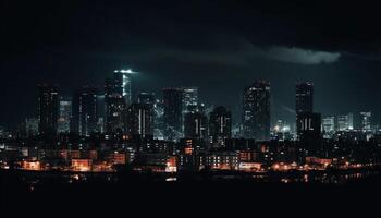 silhueta do moderno arranha-céus iluminar cidade Horizonte às crepúsculo gerado de ai foto