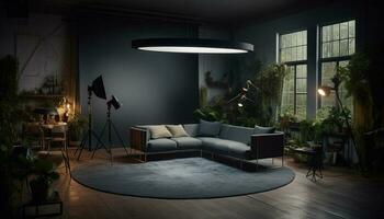 moderno apartamento com elegante decoração, confortável sofá, e brilhante iluminação gerado de ai foto