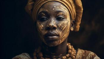 africano mulher beleza e espiritualidade capturado dentro tradicional roupas escultura gerado de ai foto