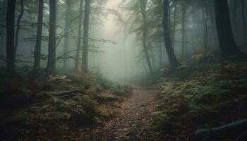uma assustador trilha através a nebuloso outono floresta mistério gerado de ai foto