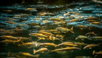 uma escola do multi colori koi carpa nadar dentro tranquilo águas gerado de ai foto