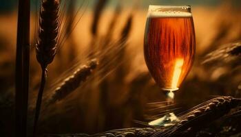 uma dourado pôr do sol, uma frio cerveja, e natureza refresco gerado de ai foto