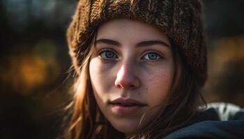 1 jovem mulher, confiante e alegre, dentro natureza beleza gerado de ai foto